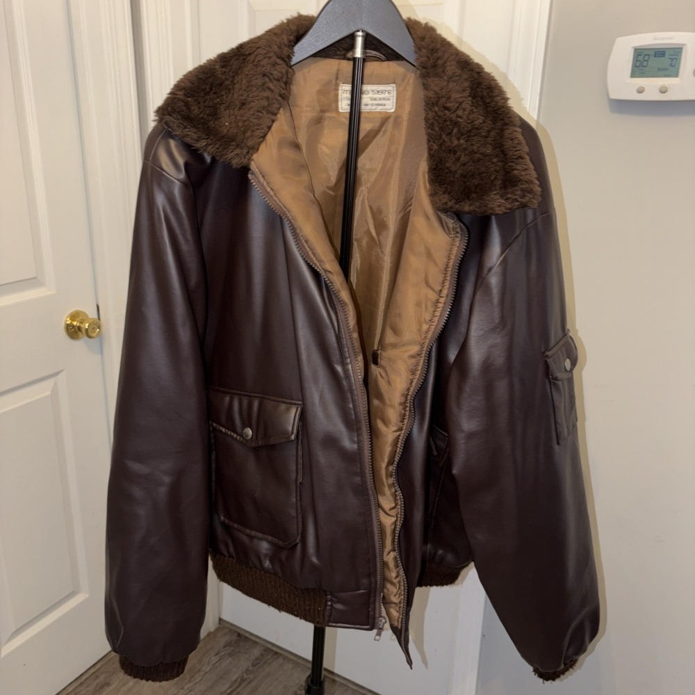 Vintage pu leather g1 bomber jacket XXL Faux Fur Collar Flapper‎ Pockets zipper